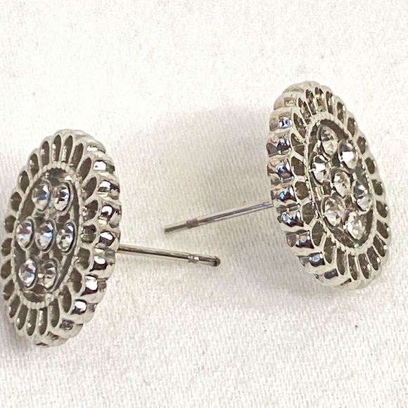 Silver Tone Rhinestone Stud Earrings Open Work Circles Post Back - Picture 5 of 8